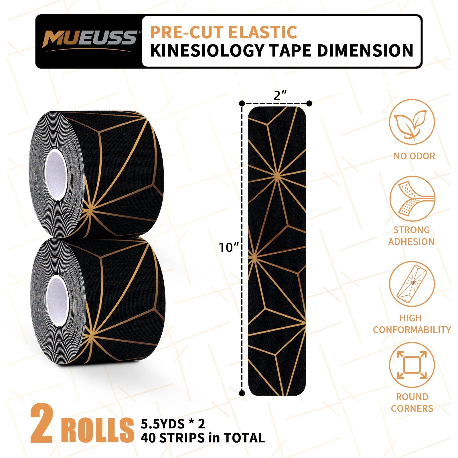 MUEUSS Kinesiology Tape, 40 Precut Strips (2 Rolls), Water Resistant Strips, Original Cotton Elastic Athletic Tape for Sports & Weightlifting, Muscle Strain Relief & Joint Support