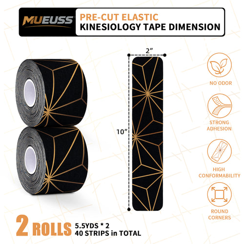 MUEUSS Kinesiology Tape, 40 Precut Strips (2 Rolls), Water Resistant Strips, Original Cotton Elastic Athletic Tape for Sports & Weightlifting, Muscle Strain Relief & Joint Support