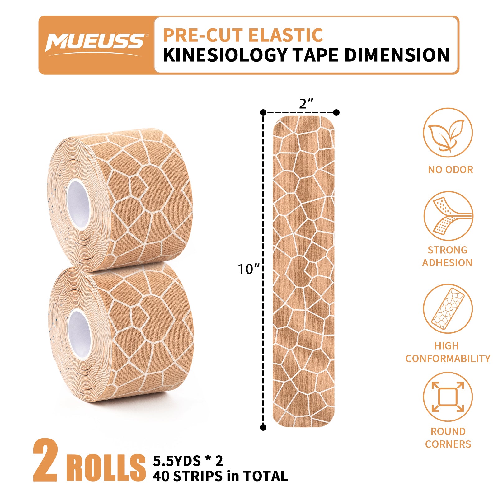 MUEUSS Kinesiology Tape, 40 Precut Strips (2 Rolls), Water Resistant Strips, Original Cotton Elastic Athletic Tape for Sports & Weightlifting, Muscle Strain Relief & Joint Support