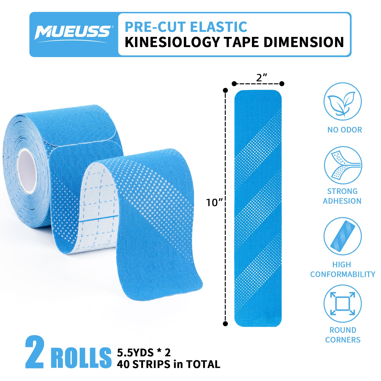 MUEUSS Kinesiology Tape, 40 Precut Strips (2 Rolls), Water Resistant Strips, Original Cotton Elastic Athletic Tape for Sports & Weightlifting, Muscle Strain Relief & Joint Support