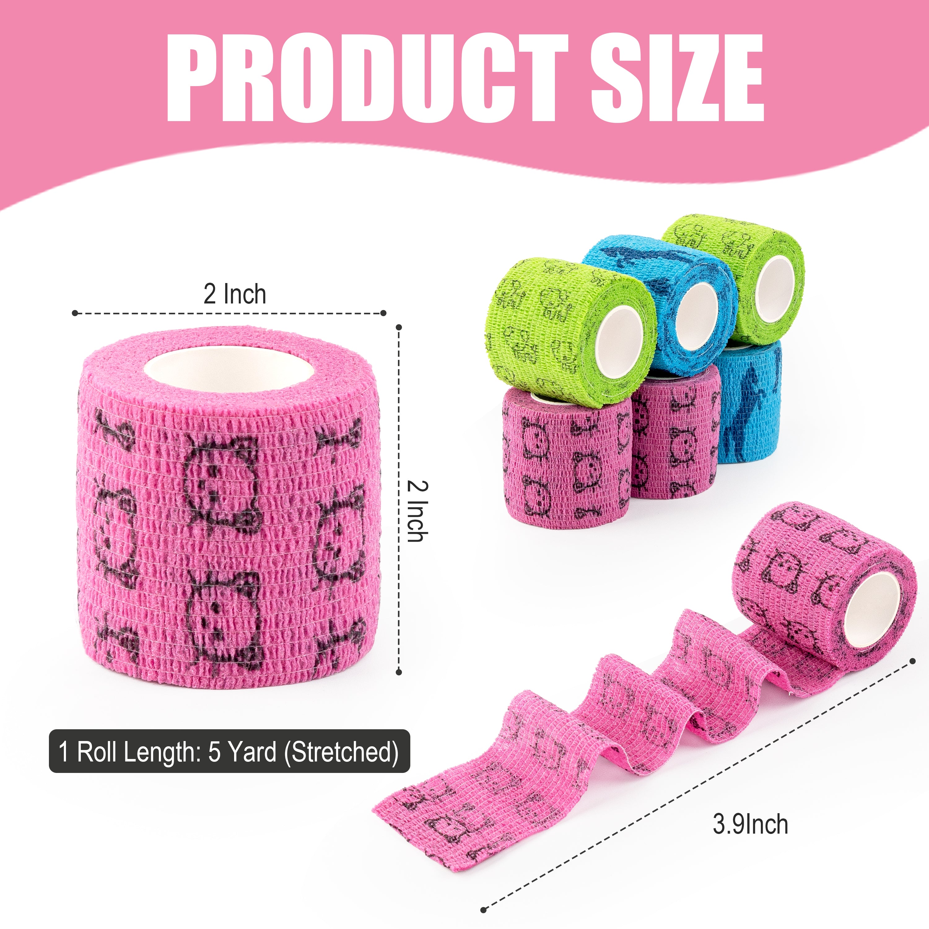 MUEUSS Vet Wrap Cohesive Bandages, Self-Adhesive Bandage Wrap, Breathable Non-Woven Self Adherent Tape for Pet Dog Leg Paw Wound, Horse, Cat, First Aid & Ankle Sprain, 2 Inch (6 Rolls)
