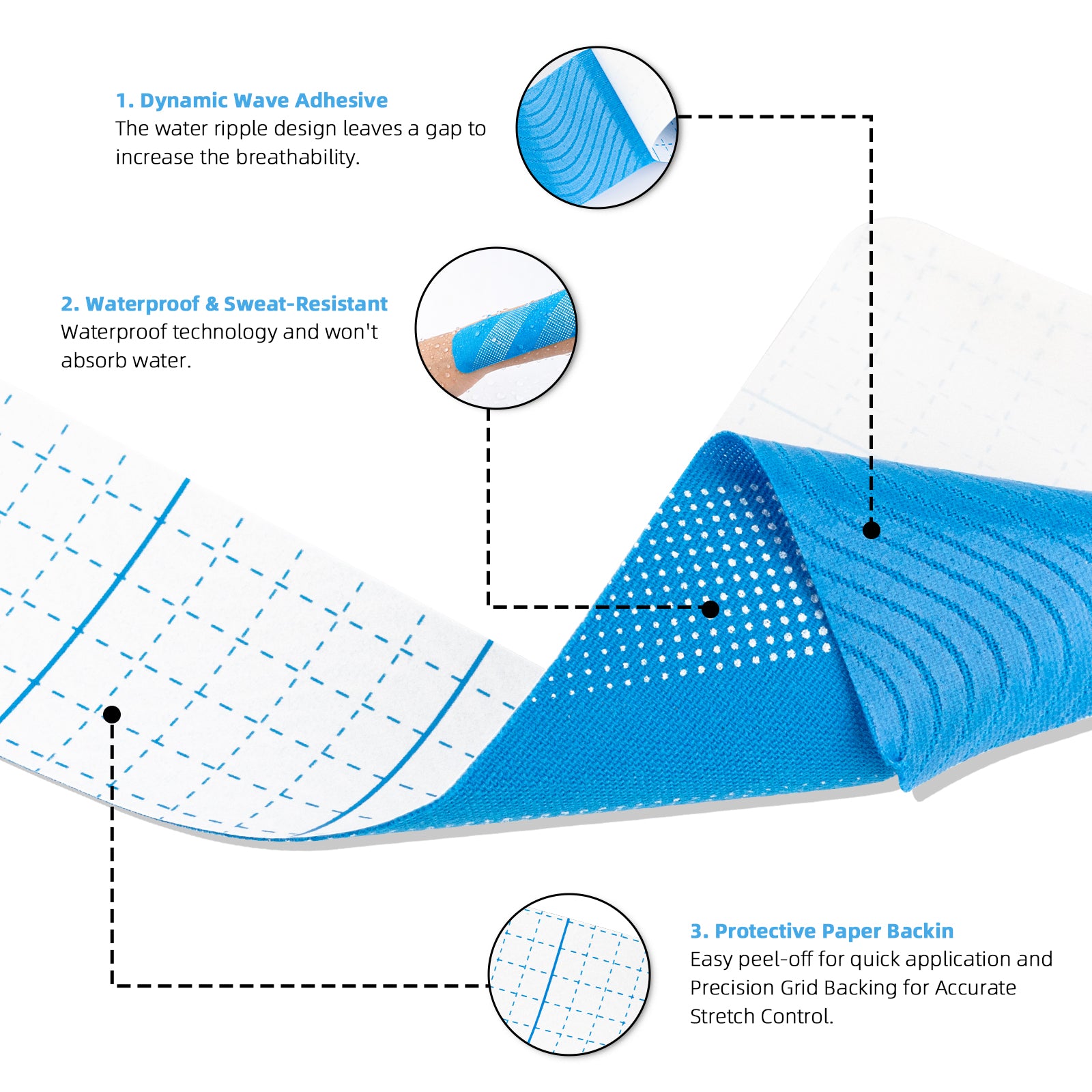 MUEUSS Kinesiology Tape, 40 Precut Strips (2 Rolls), Water Resistant Strips, Original Cotton Elastic Athletic Tape for Sports & Weightlifting, Muscle Strain Relief & Joint Support