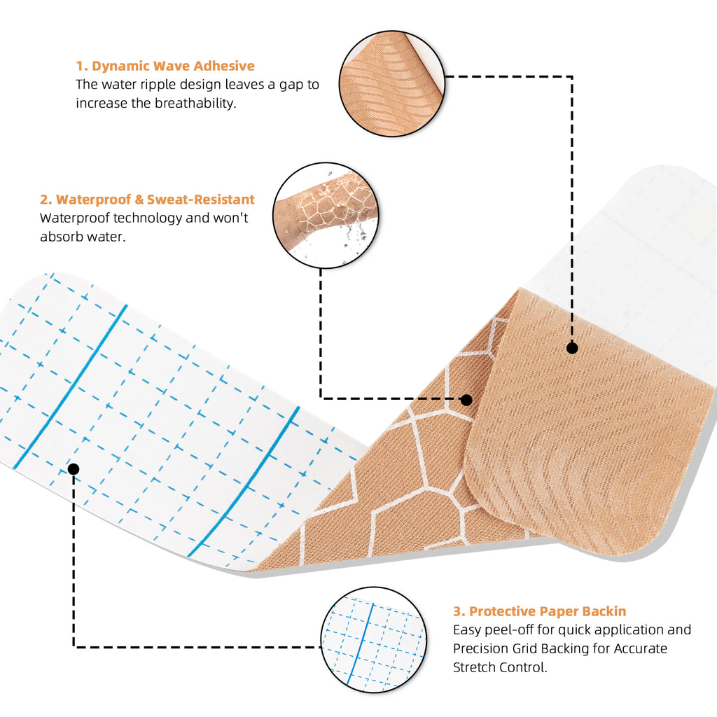 MUEUSS Kinesiology Tape, 40 Precut Strips (2 Rolls), Water Resistant Strips, Original Cotton Elastic Athletic Tape for Sports & Weightlifting, Muscle Strain Relief & Joint Support