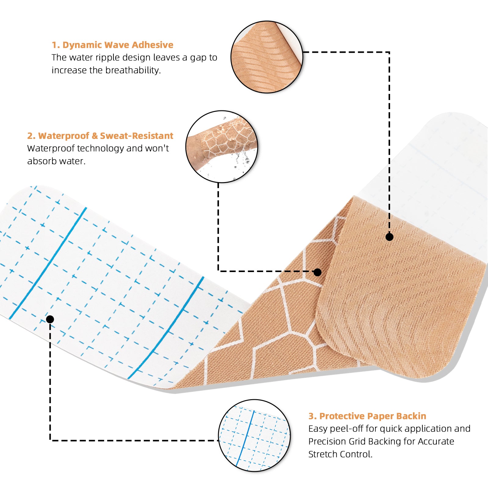 MUEUSS Kinesiology Tape, 40 Precut Strips (2 Rolls), Water Resistant Strips, Original Cotton Elastic Athletic Tape for Sports & Weightlifting, Muscle Strain Relief & Joint Support