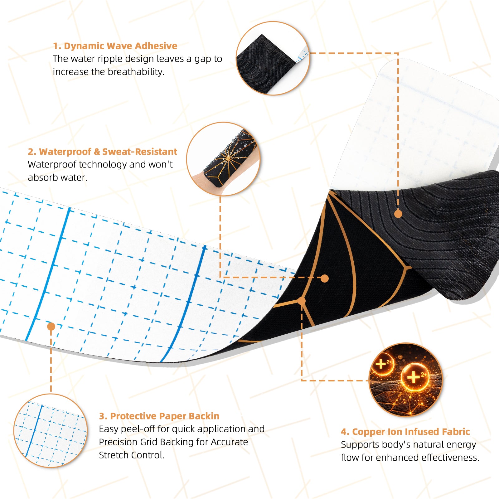 MUEUSS Kinesiology Tape, 40 Precut Strips (2 Rolls), Water Resistant Strips, Original Cotton Elastic Athletic Tape for Sports & Weightlifting, Muscle Strain Relief & Joint Support