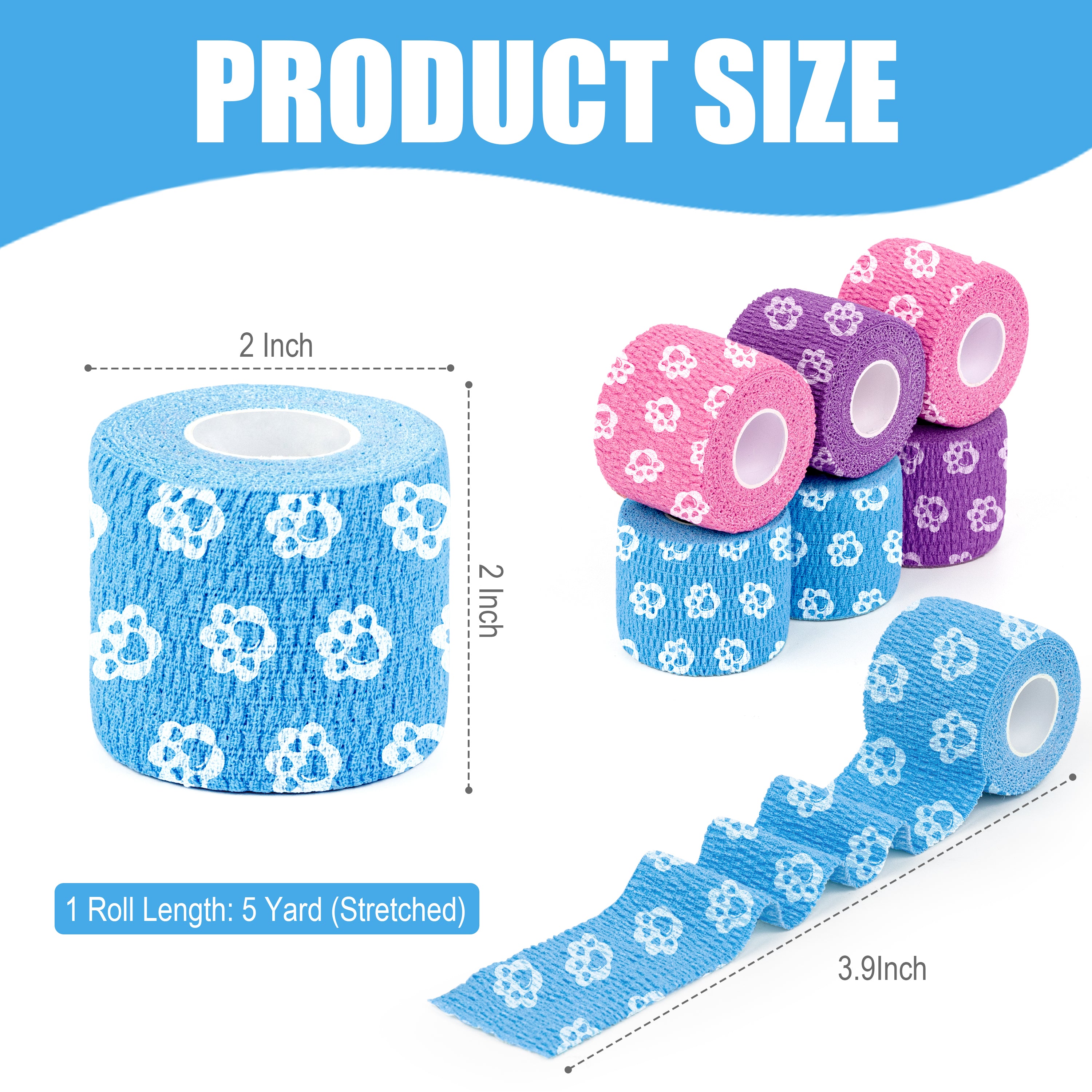 MUEUSS Vet Wrap Cohesive Bandages, Self-Adhesive Bandage Wrap, Breathable Non-Woven Self Adherent Tape for Pet Dog Leg Paw Wound, Horse, Cat, First Aid & Ankle Sprain, 2 Inch (6 Rolls)