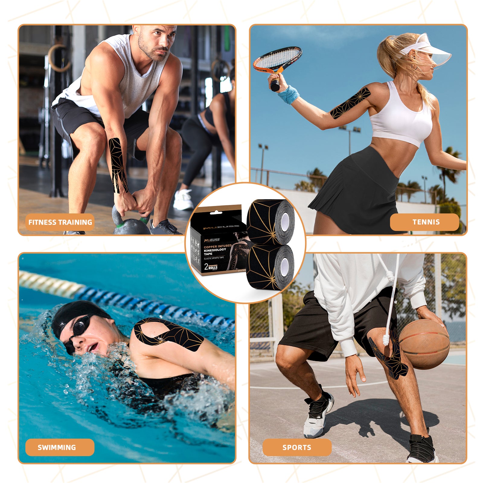 MUEUSS Kinesiology Tape, 40 Precut Strips (2 Rolls), Water Resistant Strips, Original Cotton Elastic Athletic Tape for Sports & Weightlifting, Muscle Strain Relief & Joint Support