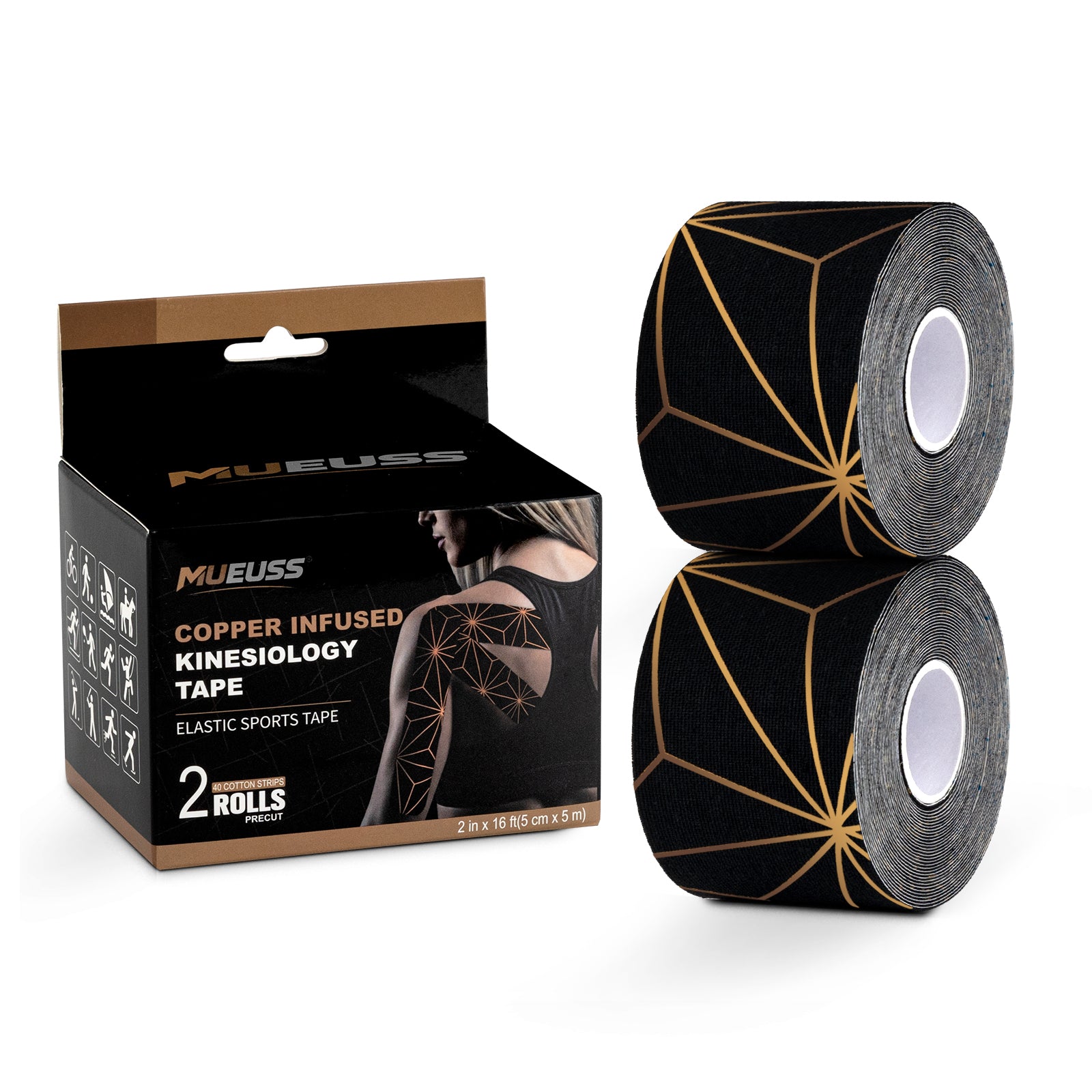 MUEUSS Kinesiology Tape, 40 Precut Strips (2 Rolls), Water Resistant Strips, Original Cotton Elastic Athletic Tape for Sports & Weightlifting, Muscle Strain Relief & Joint Support