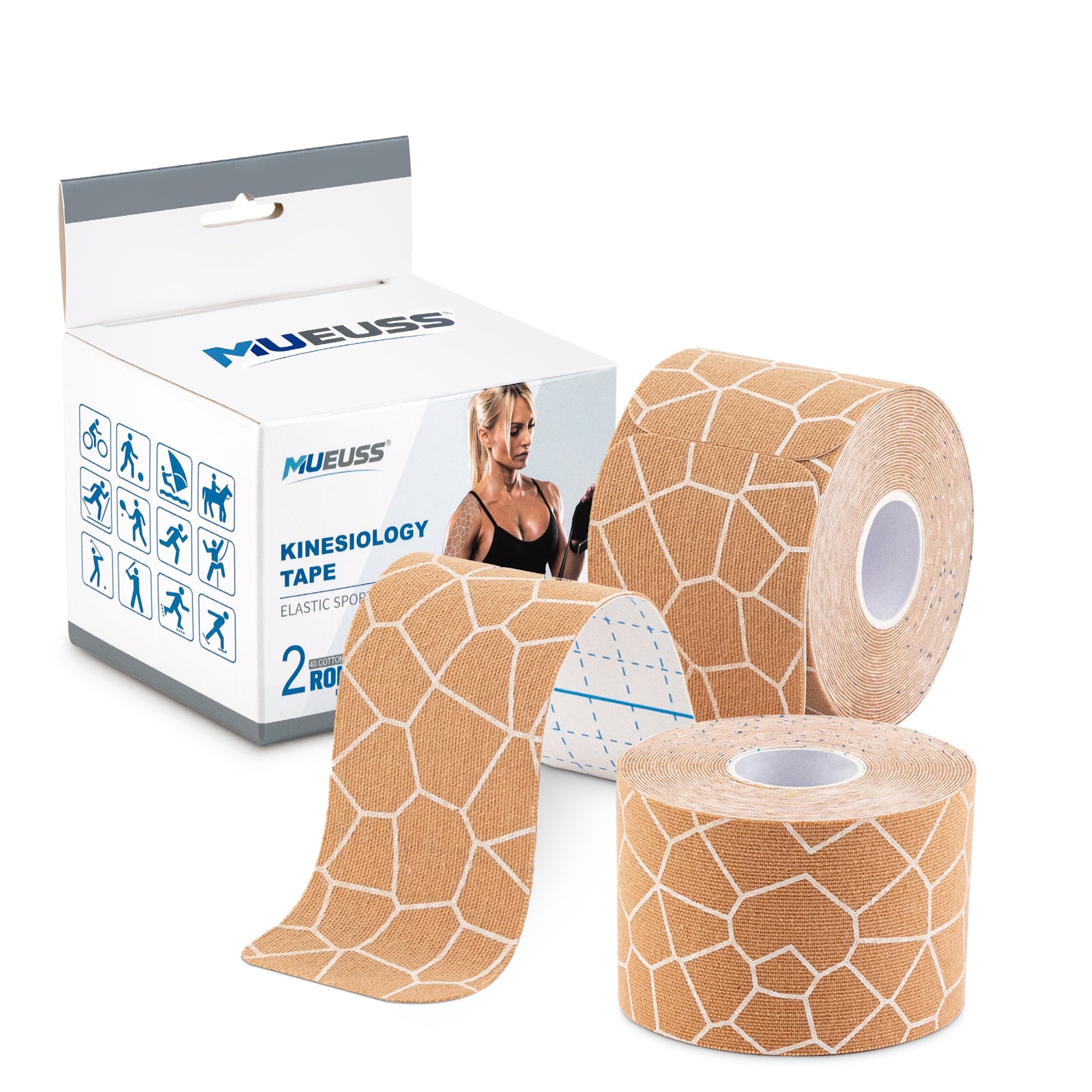 MUEUSS Kinesiology Tape, 40 Precut Strips (2 Rolls), Water Resistant Strips, Original Cotton Elastic Athletic Tape for Sports & Weightlifting, Muscle Strain Relief & Joint Support