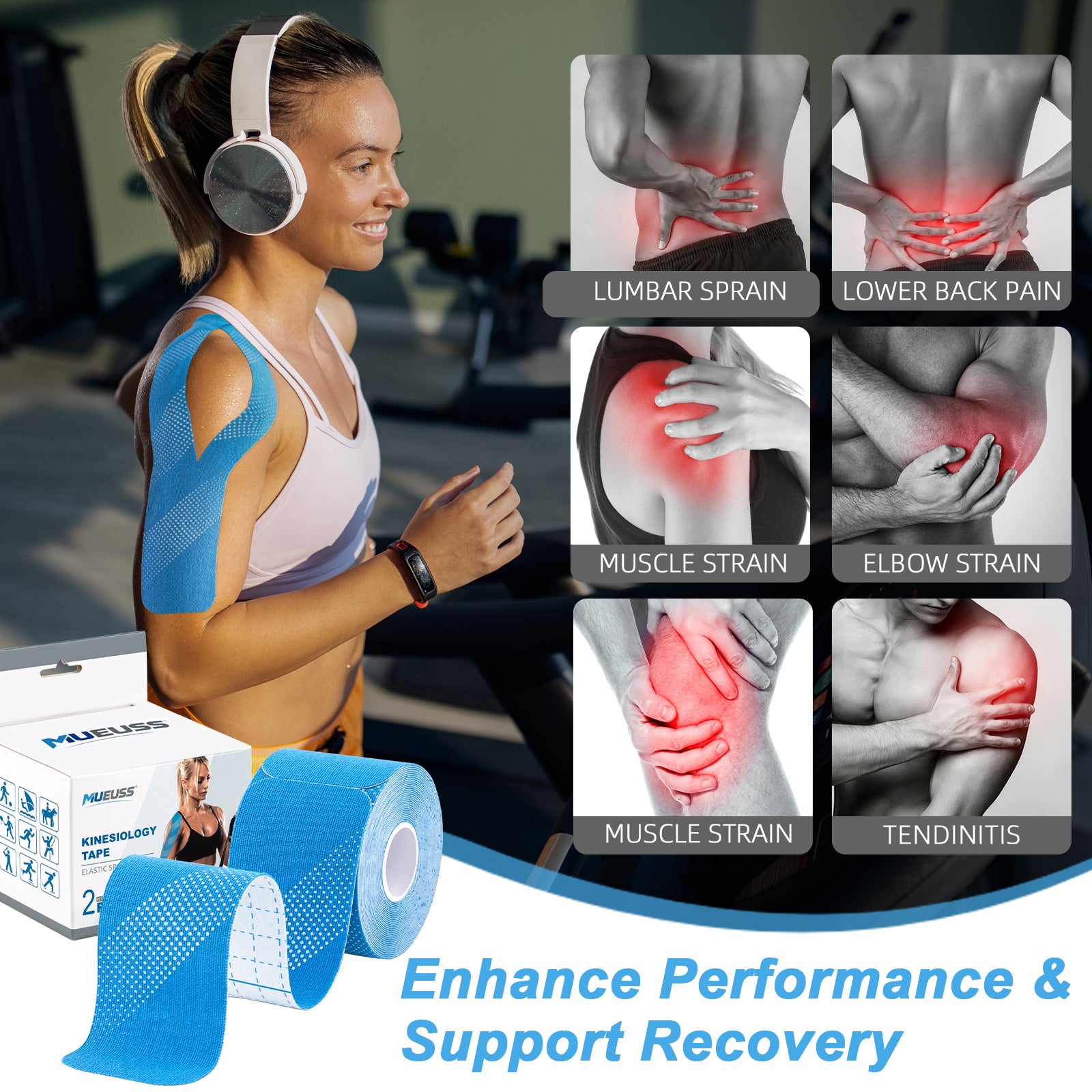 MUEUSS Kinesiology Tape, 40 Precut Strips (2 Rolls), Water Resistant Strips, Original Cotton Elastic Athletic Tape for Sports & Weightlifting, Muscle Strain Relief & Joint Support