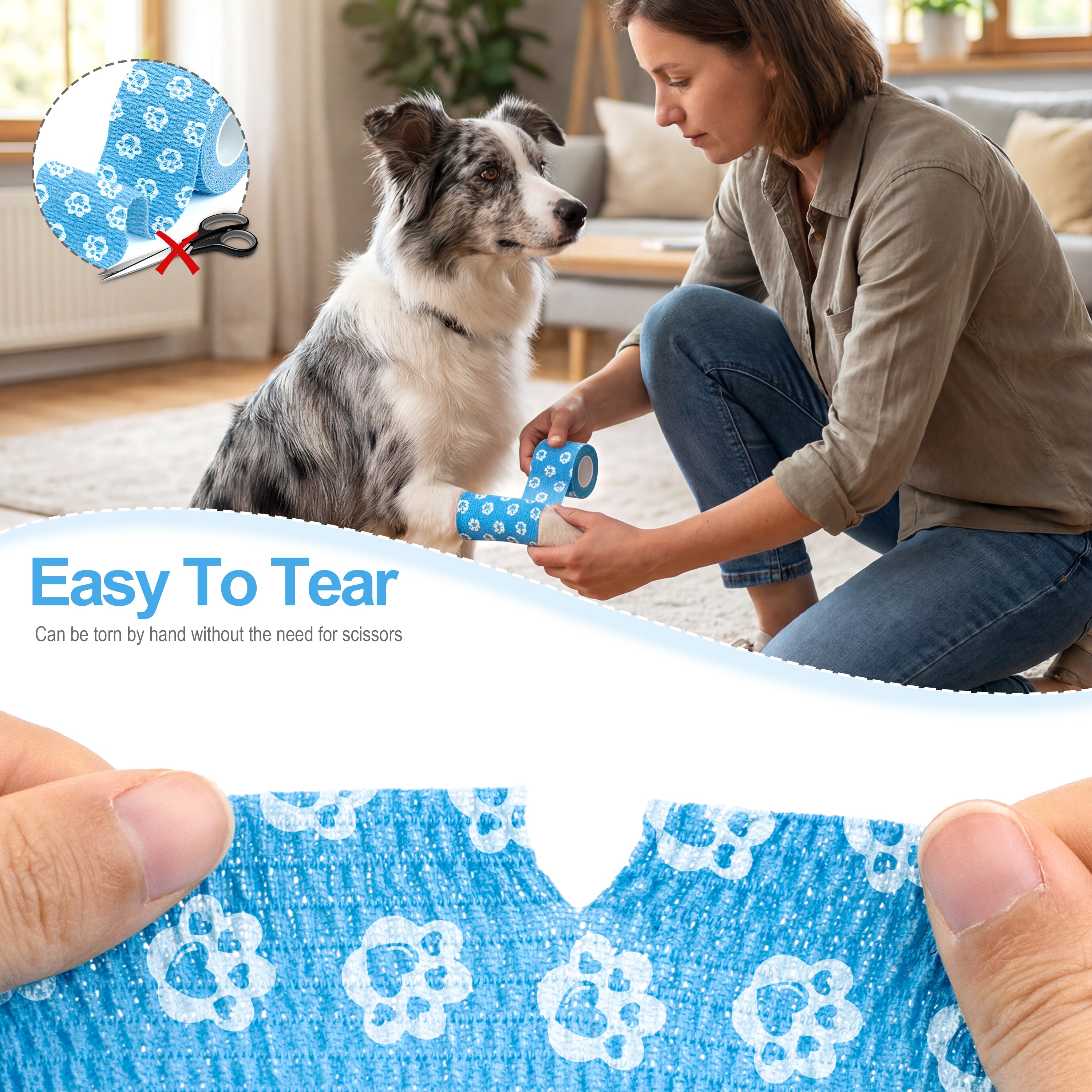 MUEUSS Vet Wrap Cohesive Bandages, Self-Adhesive Bandage Wrap, Breathable Non-Woven Self Adherent Tape for Pet Dog Leg Paw Wound, Horse, Cat, First Aid & Ankle Sprain, 2 Inch (6 Rolls)