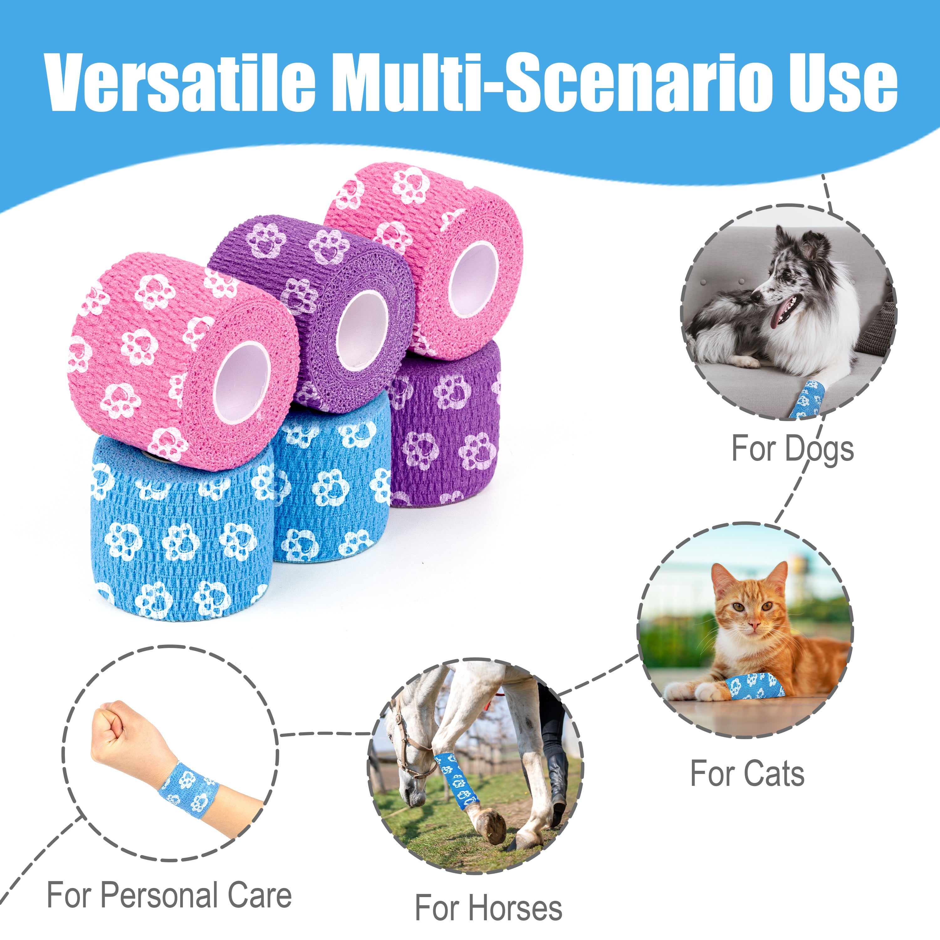 MUEUSS Vet Wrap Cohesive Bandages, Self-Adhesive Bandage Wrap, Breathable Non-Woven Self Adherent Tape for Pet Dog Leg Paw Wound, Horse, Cat, First Aid & Ankle Sprain, 2 Inch (6 Rolls)