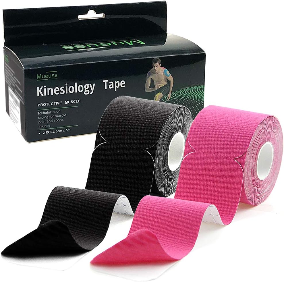 MUEUSS Kinesiology Tape,Sports Tape,Athletic Tape Elastic Cotton Precut Strips,Waterproof Tape for Muscles,Knees,Shoulders Plantar Fasciitis Pain Relief (2rolls)