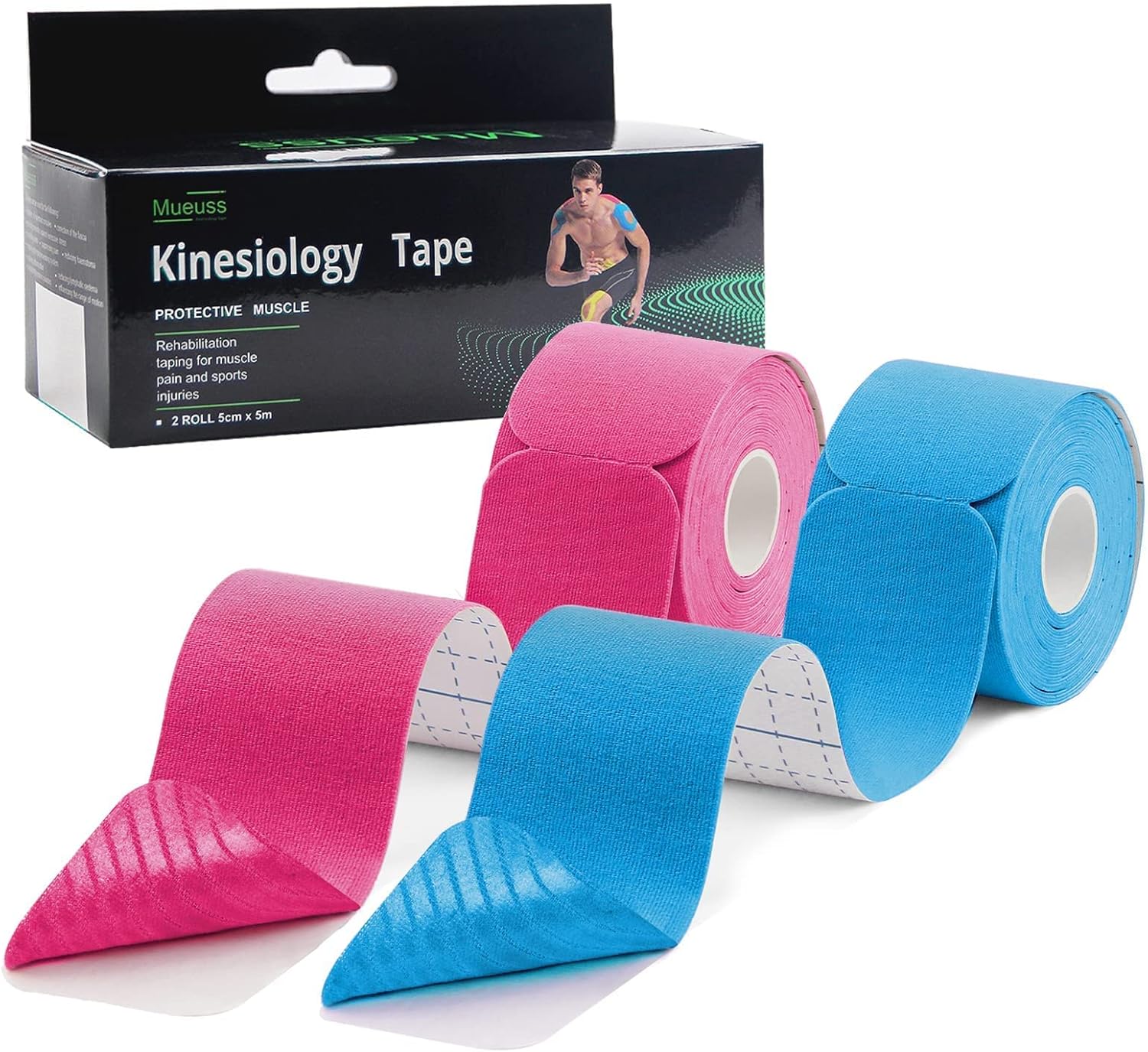 MUEUSS Kinesiology Tape,Sports Tape,Athletic Tape Elastic Cotton Precut Strips,Waterproof Tape for Muscles,Knees,Shoulders Plantar Fasciitis Pain Relief (2rolls)