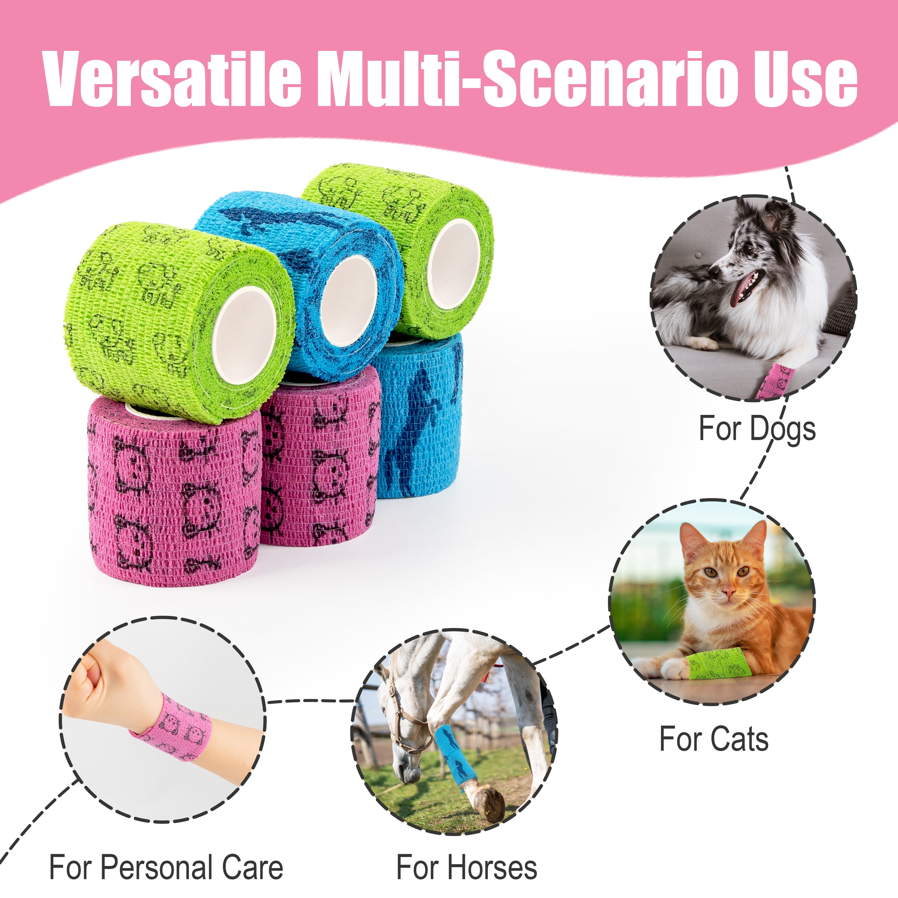MUEUSS Vet Wrap Cohesive Bandages, Self-Adhesive Bandage Wrap, Breathable Non-Woven Self Adherent Tape for Pet Dog Leg Paw Wound, Horse, Cat, First Aid & Ankle Sprain, 2 Inch (6 Rolls)