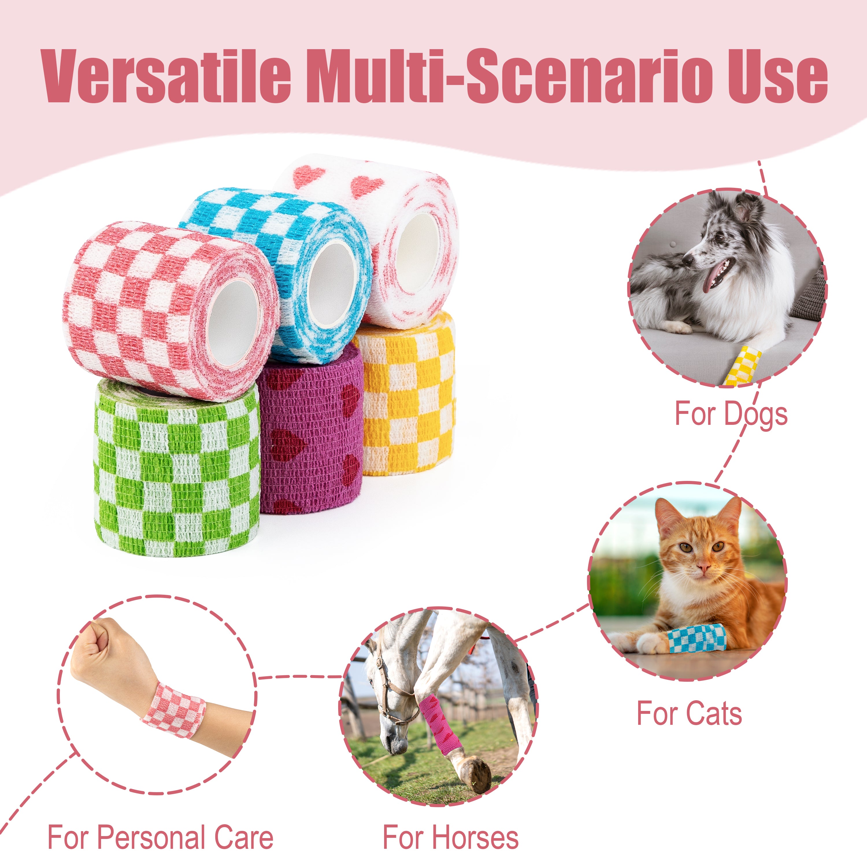 MUEUSS Vet Wrap Cohesive Bandages, Self-Adhesive Bandage Wrap, Breathable Non-Woven Self Adherent Tape for Pet Dog Leg Paw Wound, Horse, Cat, First Aid & Ankle Sprain, 2 Inch (6 Rolls)