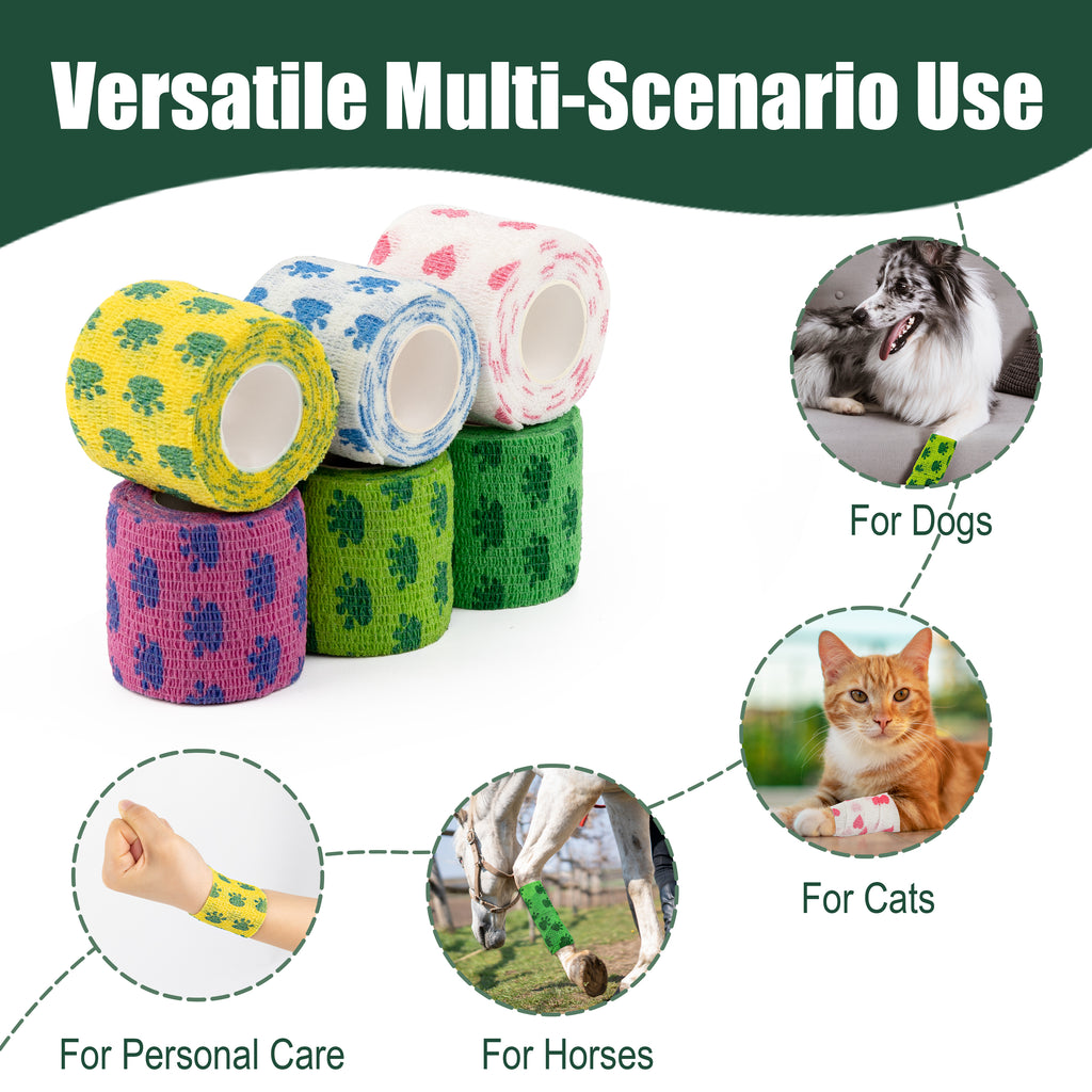 MUEUSS Vet Wrap Cohesive Bandages, Self-Adhesive Bandage Wrap, Breathable Non-Woven Self Adherent Tape for Pet Dog Leg Paw Wound, Horse, Cat, First Aid & Ankle Sprain, 2 Inch (6 Rolls)