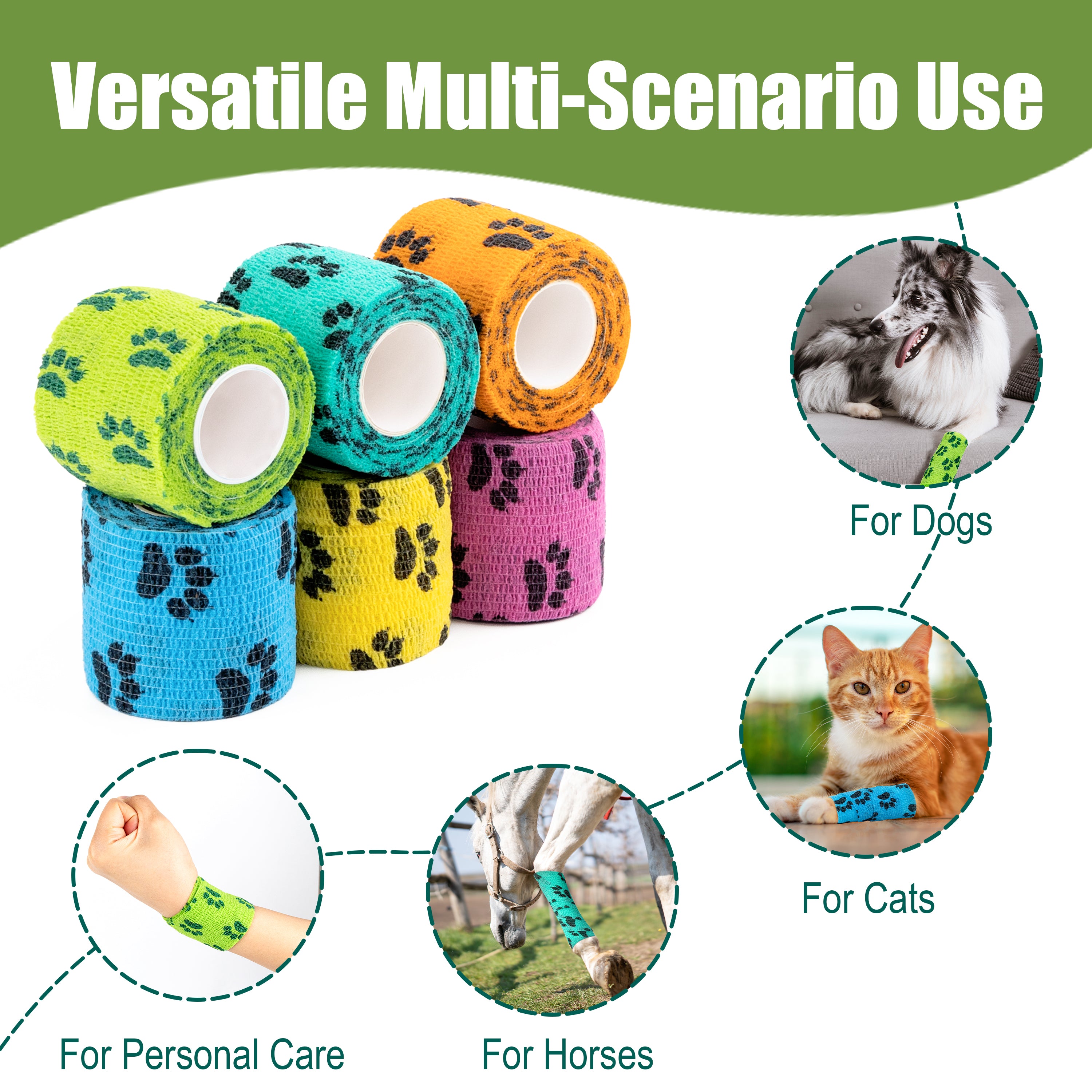 MUEUSS Vet Wrap Cohesive Bandages, Self-Adhesive Bandage Wrap, Breathable Non-Woven Self Adherent Tape for Pet Dog Leg Paw Wound, Horse, Cat, First Aid & Ankle Sprain, 2 Inch (6 Rolls)
