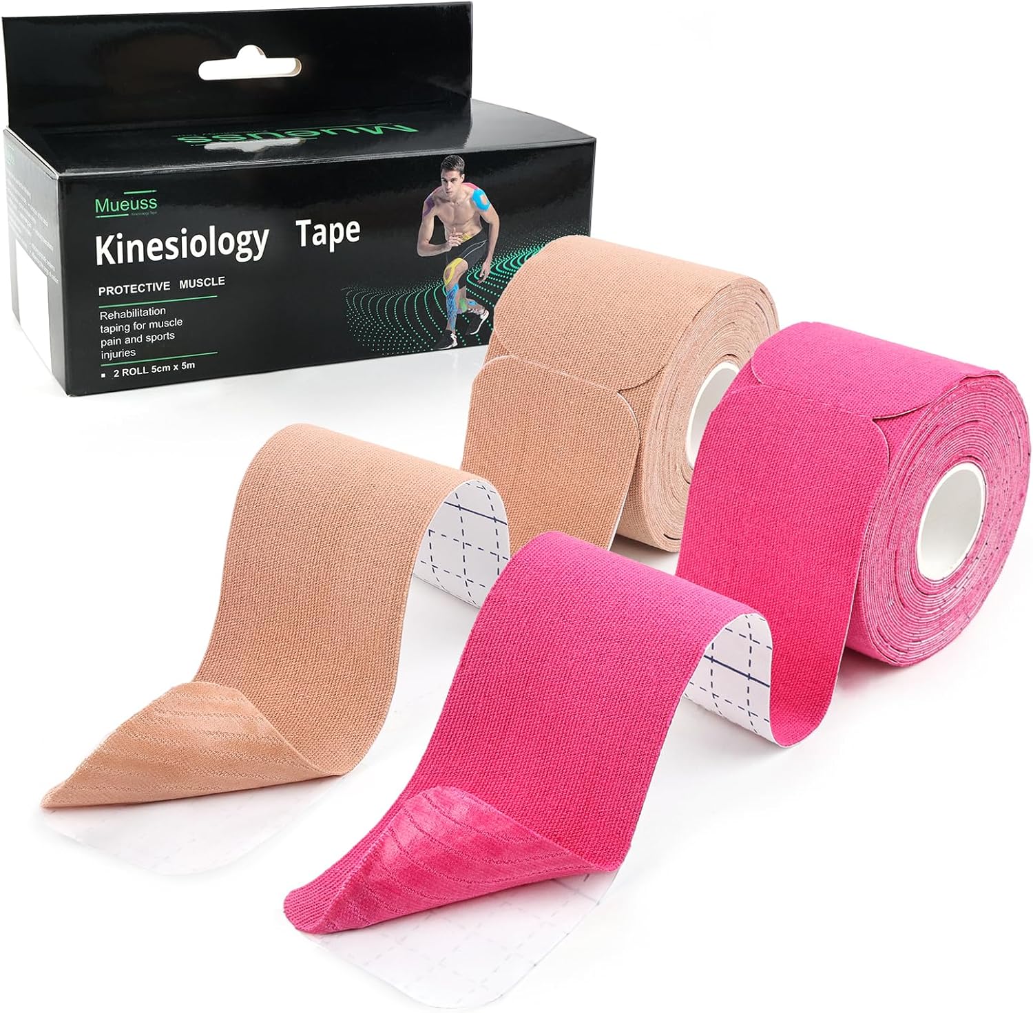 MUEUSS Kinesiology Tape,Sports Tape,Athletic Tape Elastic Cotton Precut Strips,Waterproof Tape for Muscles,Knees,Shoulders Plantar Fasciitis Pain Relief (2rolls)