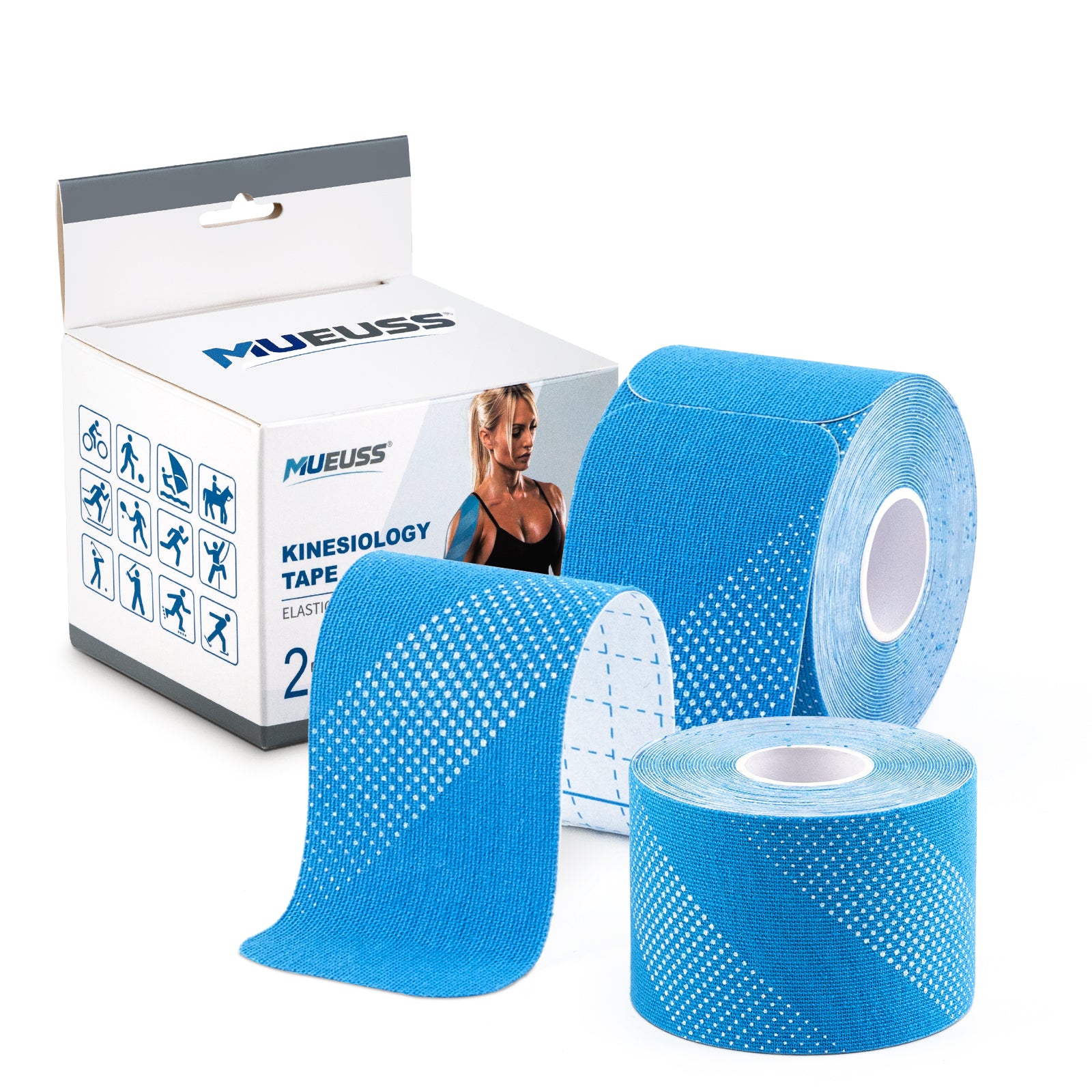 MUEUSS Kinesiology Tape, 40 Precut Strips (2 Rolls), Water Resistant Strips, Original Cotton Elastic Athletic Tape for Sports & Weightlifting, Muscle Strain Relief & Joint Support